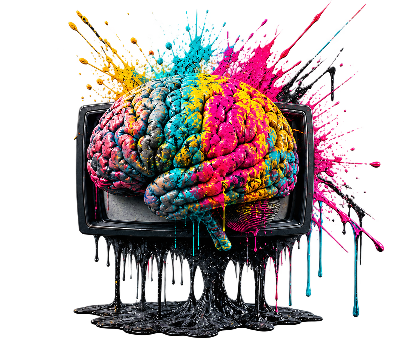 A paint-covered brain bursting from a retro television