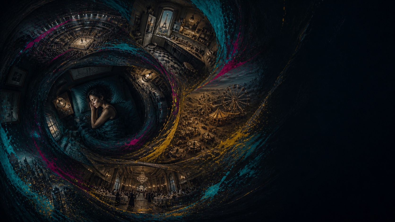 Jordan sleeping as surreal possible lives spiral around her