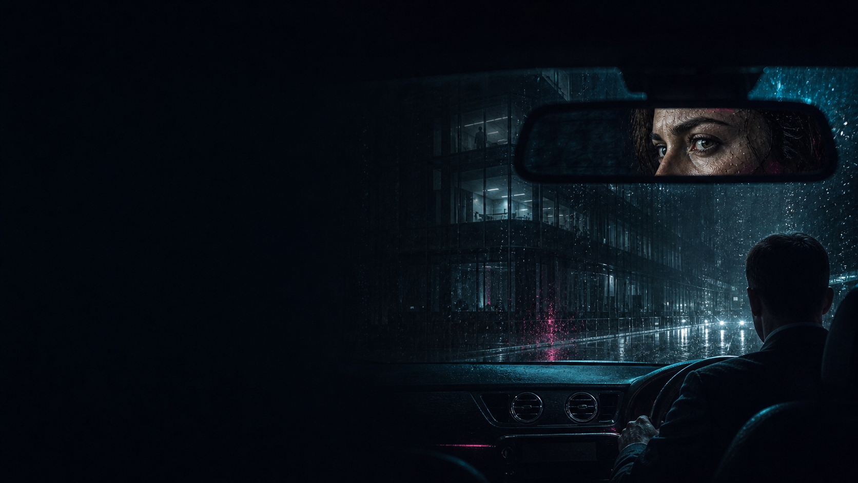 A night drive watched through a rear-view mirror inside Grid Tech's surveillance system